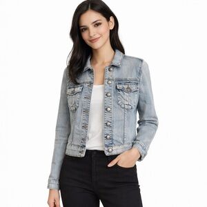 Women's Kut from the Kloth Light Blue Denim Jean Jacket Size S Tan Stitching